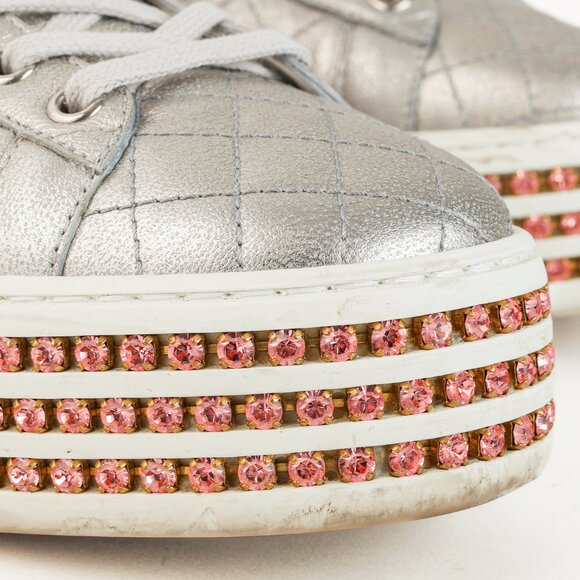 Gucci Ace Silver Quilted-Leather Bee-Webbing Crystal-Platform Sneakers - Picture 7 of 14